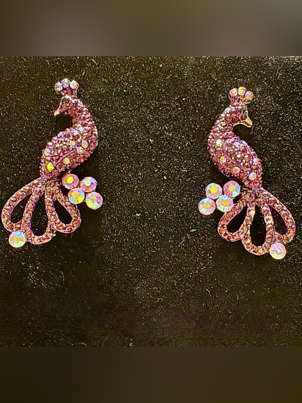 Purple Rhinestone Peacock Statement Earrings Iridescent Crystal Studs